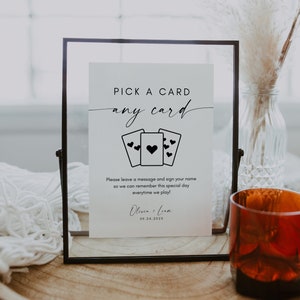 Spielkarten Gastschild, bitte melden Sie sich in unserem Gästebuch an, wählen Sie eine Karte aus, minimalistisches Hochzeitsschild, bearbeitbare Canva-Vorlage 5x7 8x10 A4