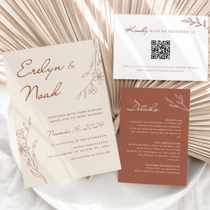 QR Code Wedding Invitation Suite, Terracotta Wedding Invitation, QR Rsvp, Wedding Invitation Double Sided, Template Download, Printable