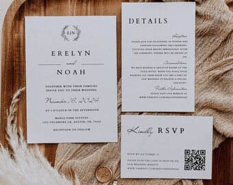 QR Code Wedding Invitation Set, Traditional Wedding Calligraphy QR RSVP Editable Invitation Suite, Printable Elegant design Canva template