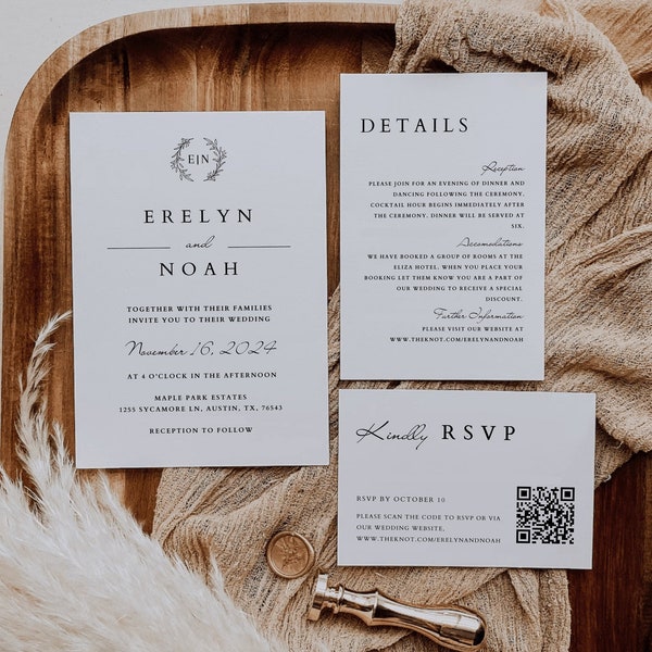 QR Code Wedding Invitation Set, Traditional Wedding Calligraphy QR RSVP Editable Invitation Suite, Printable Elegant design Canva template