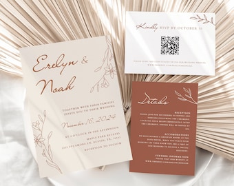 QR Code Wedding Invitation Suite, Terracotta Wedding Invitation, QR Rsvp, Wedding Invitation Double Sided, Template Download, Printable
