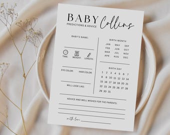 Modèle de carte de prédictions et de conseils pour baby shower minimaliste, prédictions de bébé modernes, jeu de prédictions de baby shower, éditable à télécharger