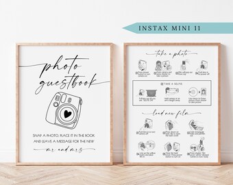 May include: A printable sign for a wedding photo guestbook. The sign features a black and white illustration of an instant camera with the text "photo guestbook" and instructions to snap a photo, place it in the book, and leave a message for the new Mr. and Mrs.
