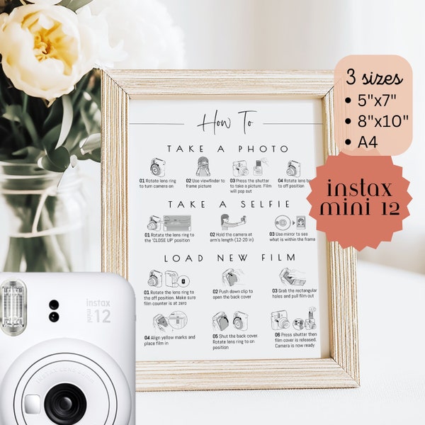 Instax Mini 12 Instructions Sign, Instant Downloadable 8x10 5x7 A4, Photo Guestbook Sign, How to Load New Film, Wedding Guest Book