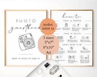 Photo guest book sign, Instax Mini 12, camera Instructions, how to load film, wedding guestbook, polaroid guestbook, how to take photo