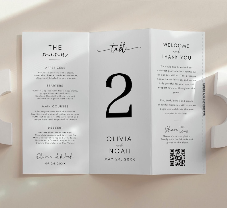 Wedding Trifold Table Number, Minimalist Wedding Table Numbers, Dinner Menu, Tri-fold Thank You Card, Triangle Table Stand, Canva Template image 3