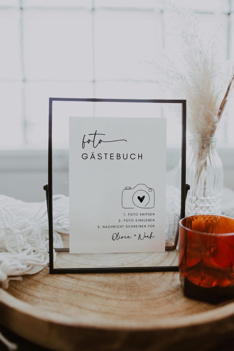Foto Gästebuch Schild, Photo Guestbook Sign German, Deutsch Schild, German Wedding Sign, Instax Mini Guestbook, Editable Canva Download image 2