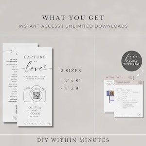 May include: White wedding sign with the text "Capture the Love" and a camera graphic. Includes QR code and names Olivia and Noah. Two sizes are listed: 10 cm x 20 cm and 10 cm x 23 cm. Also includes a Canva tutorial.