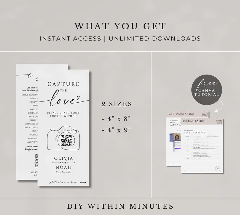 May include: White wedding sign with the text "Capture the Love" and a camera graphic. Includes QR code and names Olivia and Noah. Two sizes are listed: 10 cm x 20 cm and 10 cm x 23 cm. Also includes a Canva tutorial.