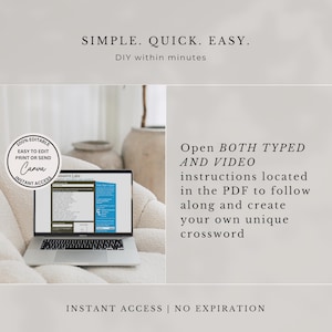 May include: A laptop displaying a crossword puzzle template, with text overlayed: "SIMPLE. QUICK. EASY." and "DIY within minutes." The image also includes the Canva logo and instructions to access typed and video instructions for creating a crossword.