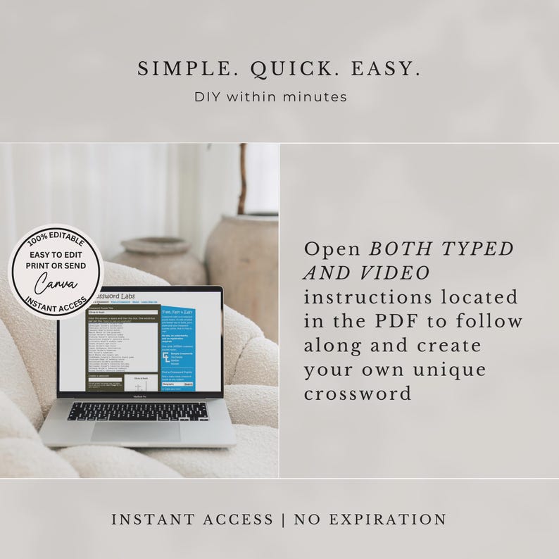 May include: A laptop displaying a crossword puzzle template, with text overlayed: "SIMPLE. QUICK. EASY." and "DIY within minutes." The image also includes the Canva logo and instructions to access typed and video instructions for creating a crossword.
