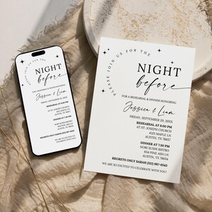 May include: A white card with black text announcing a "Night Before" event for a rehearsal dinner honoring Jessica & Liam. The event will take place on Friday, September 20, 20XX, with a rehearsal at 6:00 PM at St. Joseph Church and dinner at 7:30 PM at Nori Sushi Bistro. The card includes contact information for regrets only.