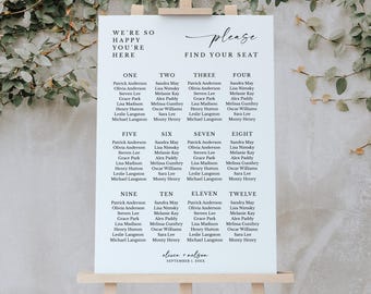 Moderne bruiloft zitplaatsen grafieksjabloon, minimalistische zitplaatsen grafiek, script tabel toewijzing zitplaatsen, DIY canva bewerkbaar, 18 x 24, 20 x 30, 24 x 36