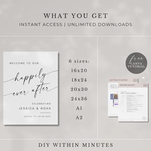 May include: A white wedding sign with the words "Welcome to our happily ever after" in elegant script. The sign includes the names Jessica & Noah and the wedding date. The image also shows a Canva tutorial and various size options.