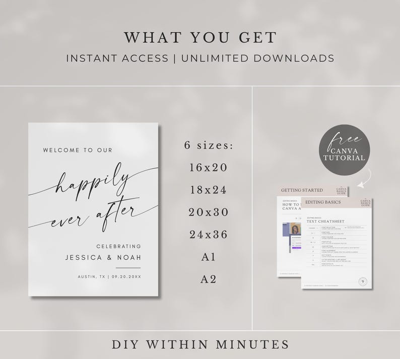 May include: A white wedding sign with the words "Welcome to our happily ever after" in elegant script. The sign includes the names Jessica & Noah and the wedding date. The image also shows a Canva tutorial and various size options.
