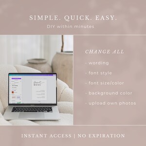 May include: A laptop computer displaying a digital dessert menu template. The text on the screen reads "Dessert Menu". The image includes the text "SIMPLE. QUICK. EASY. DIY within minutes CHANGE ALL - wording - font style - font size/color - background color - upload own photos INSTANT ACCESS | NO EXPIRATION".
