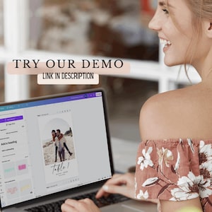 May include: A laptop displaying a wedding invitation template with a photo of a couple on a beach. The screen shows design tools and the text "TRY OUR DEMO" and "LINK IN DESCRIPTION". The person is wearing a floral top.