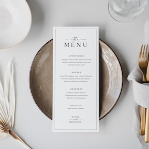 Plantilla de menú de boda minimalista, menú de cena de boda floral, descarga digital, menú de cena de recepción, Canva editable, 4x8, 4x9