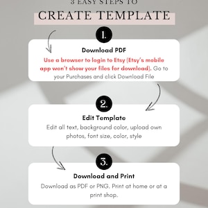 May include: Three steps to create a template: download a PDF, edit the template, and download and print. The steps are illustrated with a diagram.