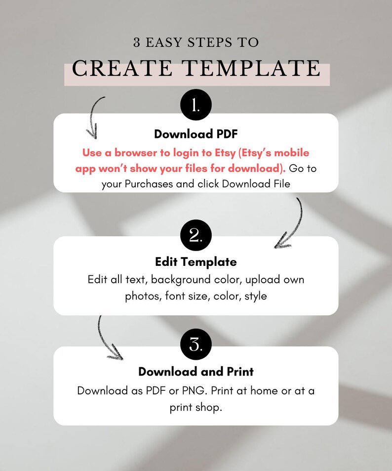 May include: Three steps to create a template: download a PDF, edit the template, and download and print. The steps are illustrated with a diagram.