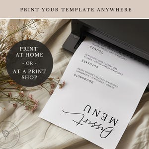 May include: A printable menu template for a dessert shop. The menu lists doughnuts, cupcakes, and cookies. The text "Dessert Menu" is written in cursive at the top of the page.