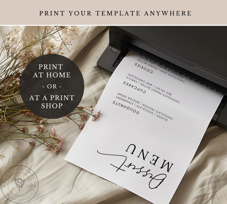 May include: A printable menu template for a dessert shop. The menu lists doughnuts, cupcakes, and cookies. The text "Dessert Menu" is written in cursive at the top of the page.