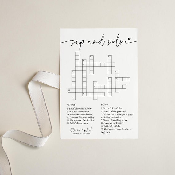 Wedding Crossword Puzzle, Sip And Solve Game (Canva Editable, Digital Download)