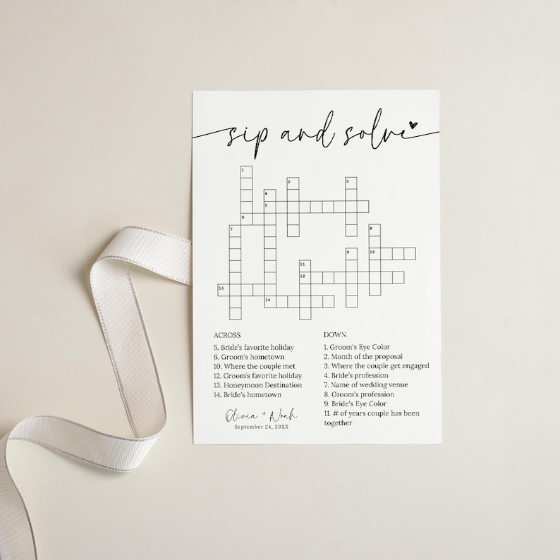 K&ouml;nnte beinhalten: Ein druckbares Hochzeitsspiel-Kreuzwortr&auml;tsel mit dem Titel "Sip and Solve". Das Kreuzwortr&auml;tsel hat 14 Hinweise quer und 11 Hinweise senkrecht. Das Spiel ist f&uuml;r Hochzeitsg&auml;ste gedacht.