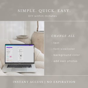 May include: A laptop screen showing a design interface with the words "CAPTURE love" and a QR code. The interface allows for editing text, font, and background colour. The image also includes the text "SIMPLE. QUICK. EASY." and "INSTANT ACCESS | NO EXPIRATION."