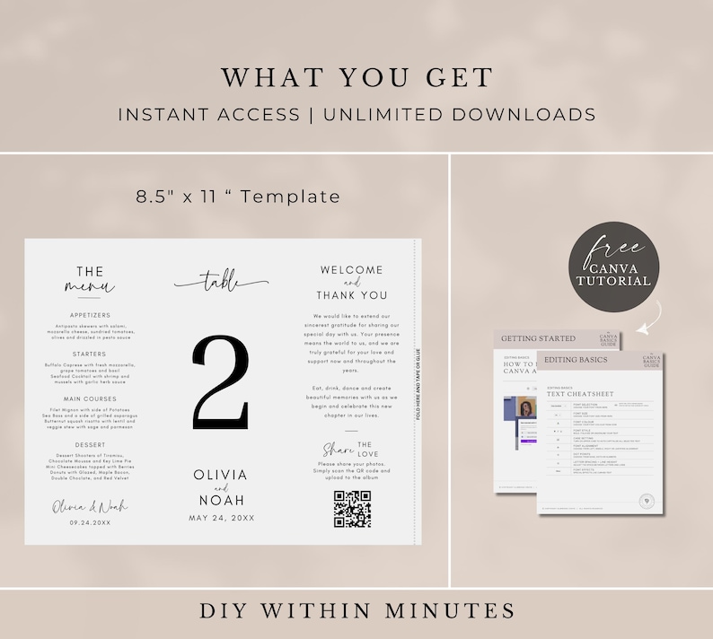 Wedding Trifold Table Number, Minimalist Wedding Table Numbers, Dinner Menu, Tri-fold Thank You Card, Triangle Table Stand, Canva Template image 4