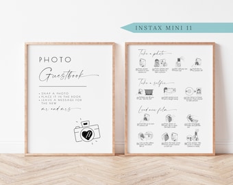 May include: Two white frames with black text and illustrations. The left frame says "PHOTO Guestbook" and has instructions for taking a photo and placing it in a book. The right frame says "INSTAX MINI 11" and has instructions for using an Instax Mini 11 camera.