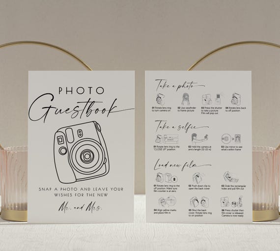 Instax Mini 12 Instructions Sign,  Polaroid Guestbook 8x10 5x7 A4, Photo Guestbook Sign, How to Load New Film, Wedding Guest Book,minimalist
