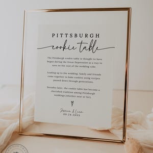 May include: A gold-framed sign with the text "PITTSBURGH cookie table" and an explanation of the tradition of the Pittsburgh cookie table. The sign also includes the names "Jessica & Liam" and the date "09.24.20XX".