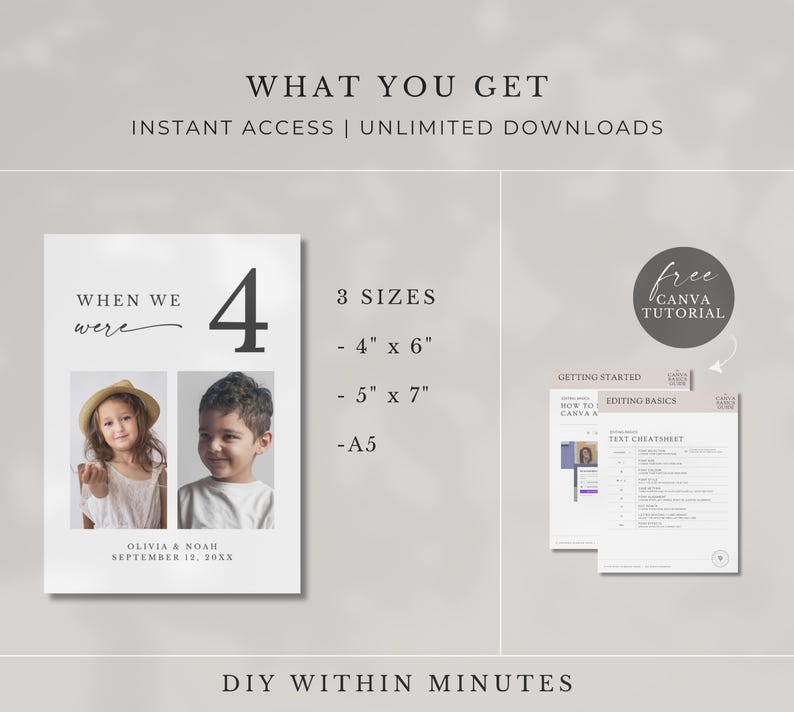 May include: A white digital print with the text "WHEN WE were 4" and two photos of children. The print includes the text "OLIVIA & NOAH SEPTEMBER 12, 20XX" and "3 SIZES - 4" x 6" - 5" x 7" - A5". The image also includes a "free CANVA TUTORIAL".