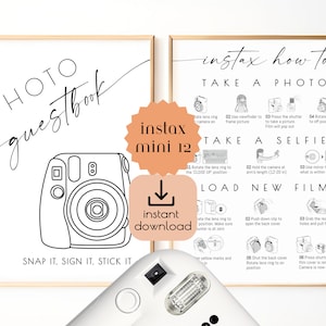 Photo guest book sign, Instax Mini 12 Instructions, how to take picture, how to load film, wedding guestbook, digital download, polaroid