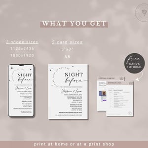 May include: A printable invitation for a night before wedding rehearsal dinner. The invitation is designed with a black and white color scheme and features the text "Night Before" in a handwritten font. The invitation includes the couple's names, the date and time of the event, and the location. The invitation also includes a free Canva tutorial.