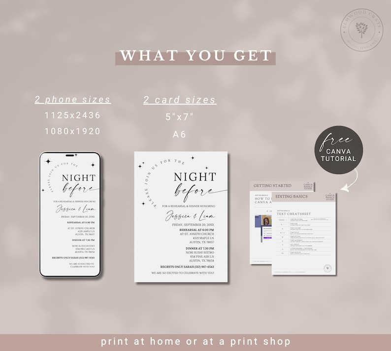 May include: A printable invitation for a night before wedding rehearsal dinner. The invitation is designed with a black and white color scheme and features the text "Night Before" in a handwritten font. The invitation includes the couple's names, the date and time of the event, and the location. The invitation also includes a free Canva tutorial.