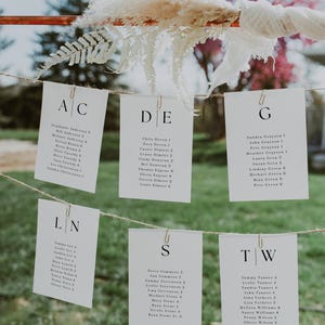 May include: Wedding seating chart with white cards clipped to a string. Each card has a letter and guest names with table numbers. The cards are decorated with pampas grass and greenery.