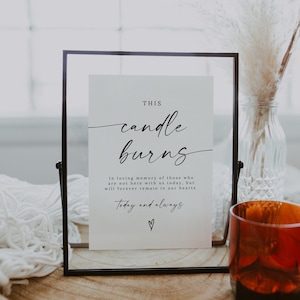 Op de afbeelding: Een zwart ingelijst bord met de tekst "THIS candle burns In loving memory of those who are not here with us today, but will forever remain in our hearts Today and always ♡"