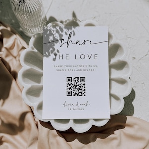Share The Love QR-codebord, moderne minimalistische trouwfotokaart, Capture the Love Card, afdrukbaar Share the Love, Canva bewerkbare sjabloon