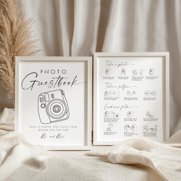 Instax Mini 12 Instructions Sign,  Polaroid Guestbook 8x10 5x7 A4, Photo Guestbook Sign, How to Load New Film, Wedding Guest Book,minimalist