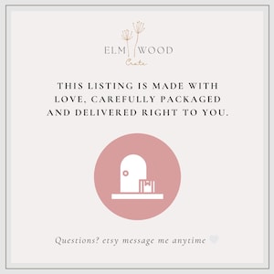 May include: A square graphic with the text ELM WOOD Crate at the top, followed by the text THIS LISTING IS MADE WITH LOVE, CAREFULLY PACKAGED AND DELIVERED RIGHT TO YOU. Below is a pink circle containing a white icon of a door and a box.
