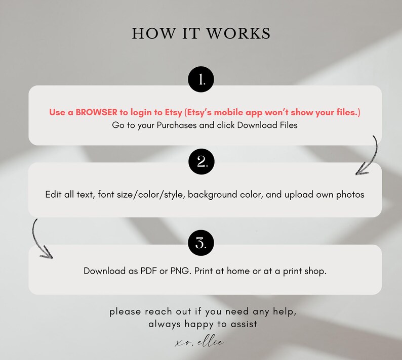 May include: A graphic with the title "HOW IT WORKS" and numbered steps. The steps instruct users to log in to Etsy via a browser, edit text and upload photos, and download as PDF or PNG. The image includes the text "xo, ellie."