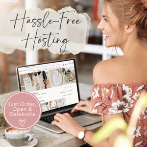 May include: A woman using a laptop with the Etsy website open. The screen displays wedding-related products. Text above reads "Hassle-Free Hosting." A pink circle with text "Just Order, Open & Celebrate" and a heart icon is in the lower left.