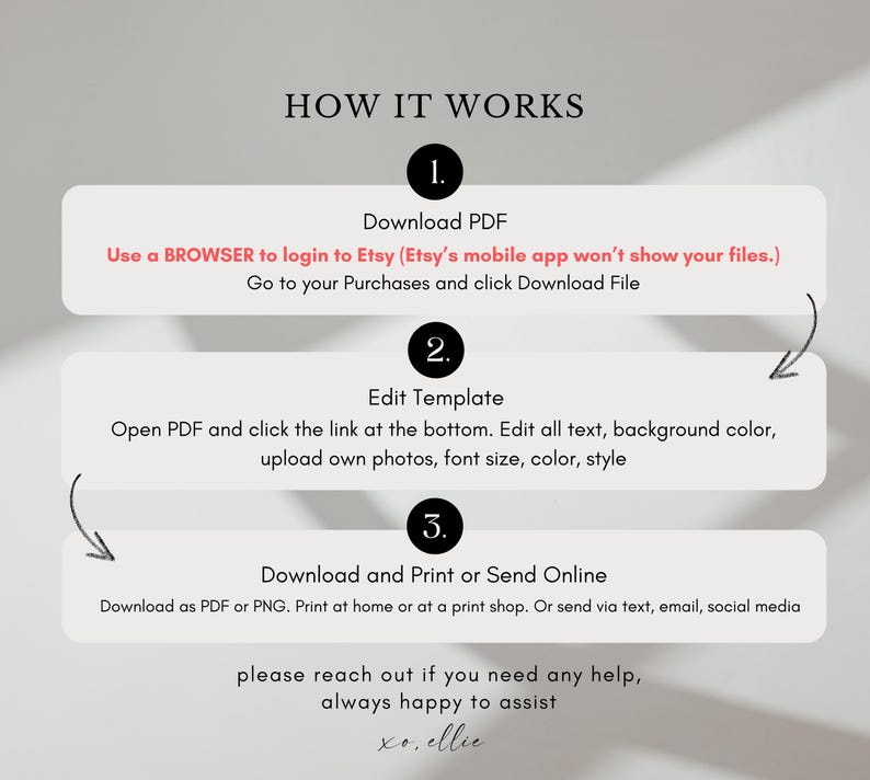 May include: How to download, edit, and print a digital template.  Use a web browser to access Etsy, download the PDF, edit the template, and then print or send it online.  The text says "How it works" and includes instructions for downloading, editing, and printing a digital template.