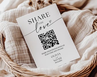 Biglietto di nozze con codice QR "Share The Love", biglietto fotografico per matrimonio moderno e minimalista, biglietto "Cattura l'amore", stampabile "Share the Love", modificabile con Canva