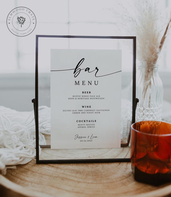 Bar Sign Template, Wedding Drink Menu Template, Printable Bar Sign, Minimalist Wedding Bar Menu, Editable Canva, 5x7, 8x10, 8.5x11, A4