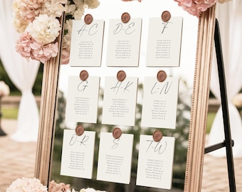 Alphabetical Wedding Seating Chart Template, Modern Seating Chart Cards, Script Table Assignment Seating, DIY Canva Editable