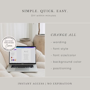 May include: A laptop displaying a customizable template with the text "SIMPLE. QUICK. EASY." and "CHANGE ALL." The laptop is on a cream-colored surface. The image includes the Canva logo and the words "INSTANT ACCESS | NO EXPIRATION."
