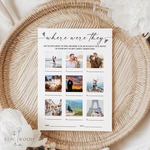 May include: A white card game with the text "where were they" and nine photo slots. The card game is designed for a wedding or bridal shower activity. The card is on a woven tray.